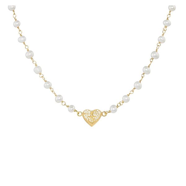 Pearls Necklace, Heart Filigree, Silver Gold plated