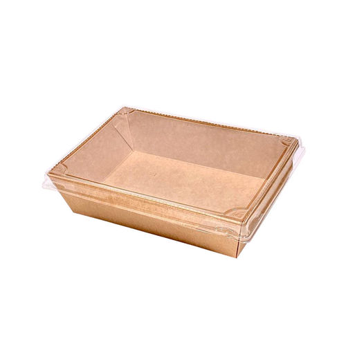 Saladier rectangulaire en carton Kraft avec couvercle 600ml - Paquet 25 unités